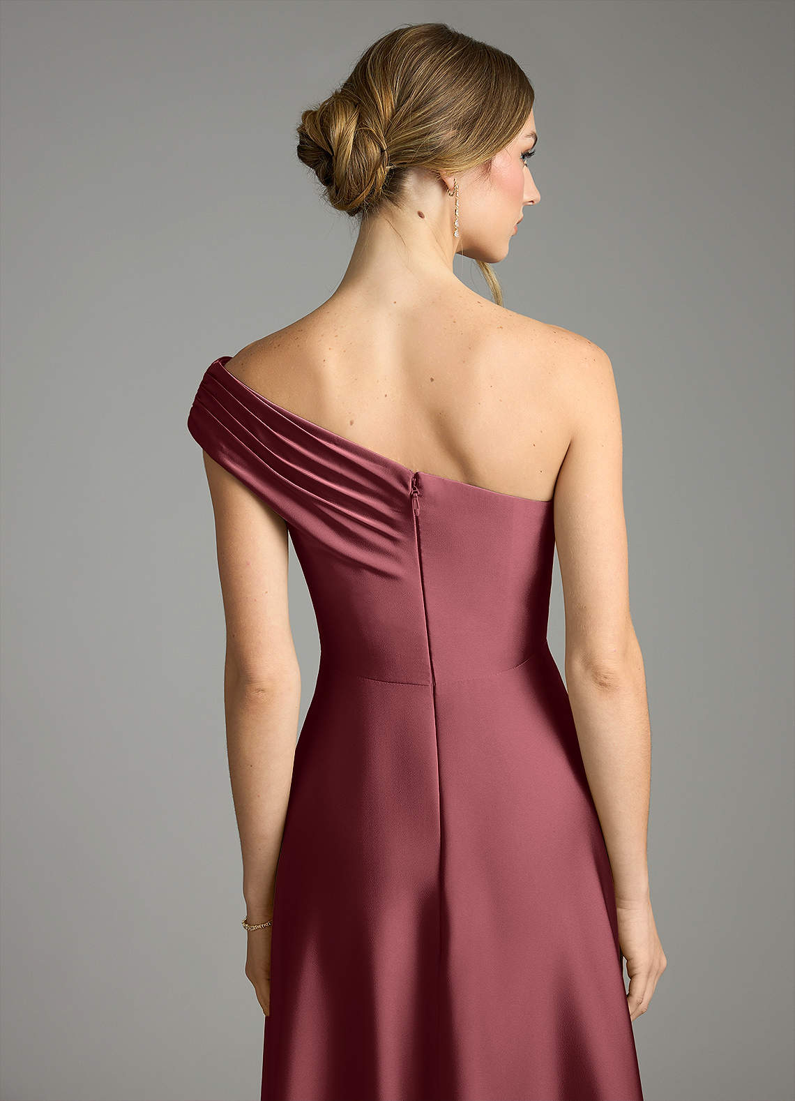 Melanie A-Line One-Shoulder Stretch Satin Bridesmaid Dress in Merlot