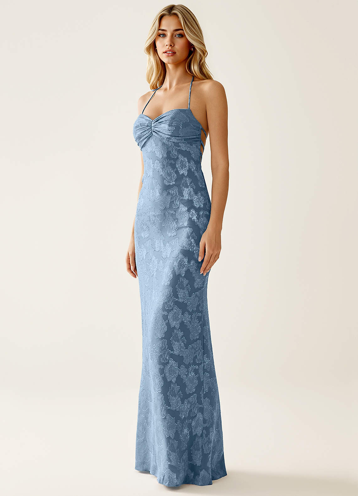 Angena Sheath Halter Floral Burnout Evening Dress in Dusty Blue