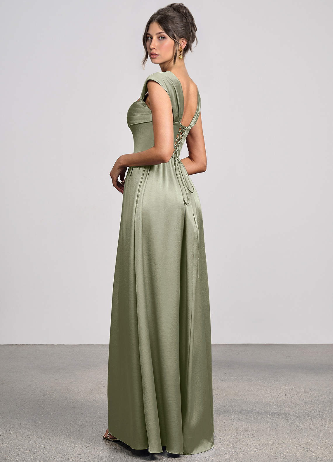 Odette A-Line Corset Luminous Satin Evening Dress in Dusty Sage