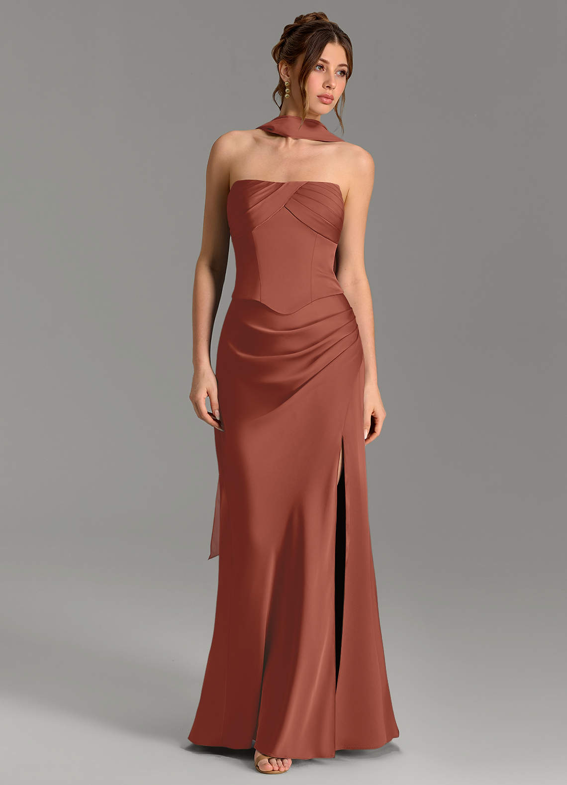 Nicki Sheath Scoop-Neck Stretch Satin Bridesmaid Dress in Auburn