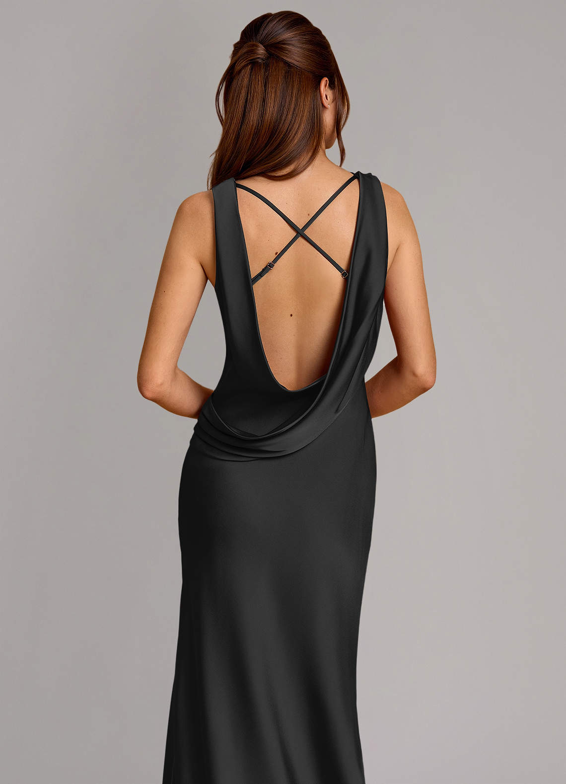 Cheryl Mermaid Cowl-Neck Stretch Satin Bridesmaid Dress in black