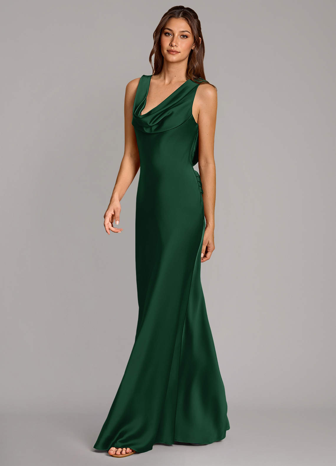 Cheryl Mermaid Cowl-Neck Stretch Satin Bridesmaid Dress in Dark Green