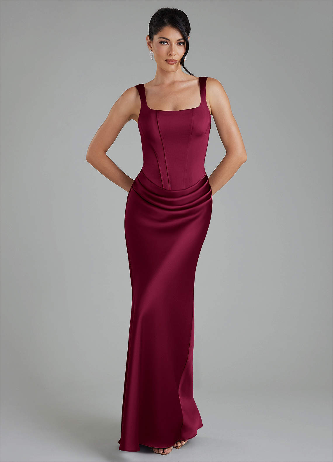 Etta Mermaid Square-Neck Stretch Satin Bridesmaid Dress in Burgundy