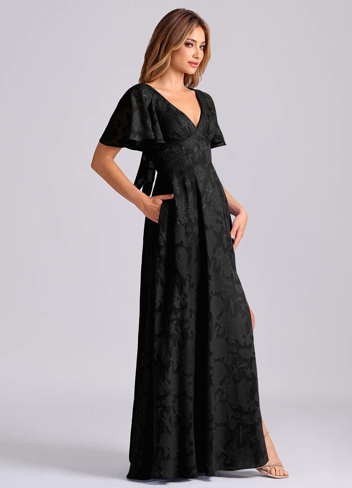 Kimber A-Line V-Neck Floral Burnout Bridesmaid Dress in black