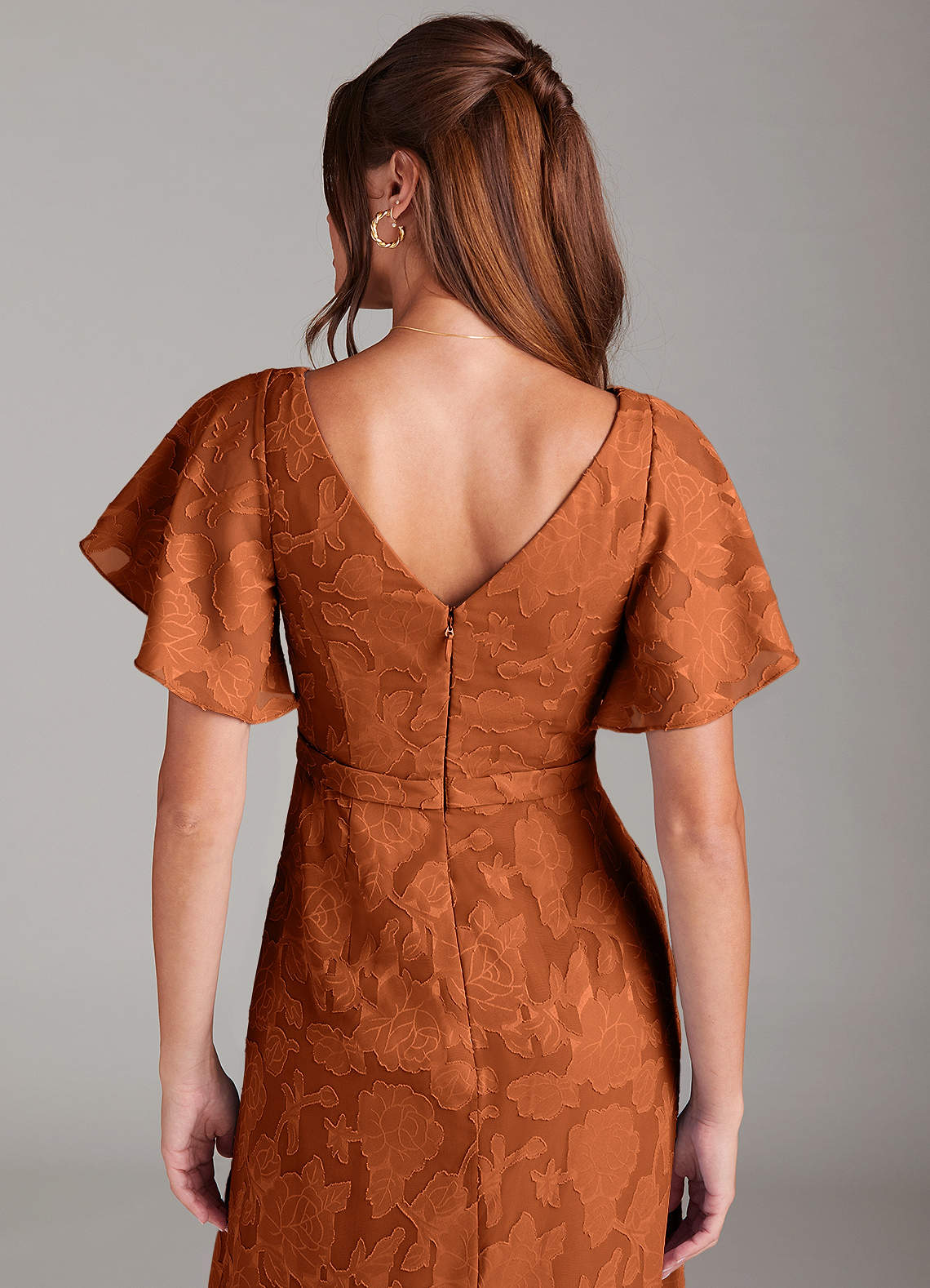 Ambrosia A-Line V-Neck Floral Burnout Bridesmaid Dress in Burnt Orange