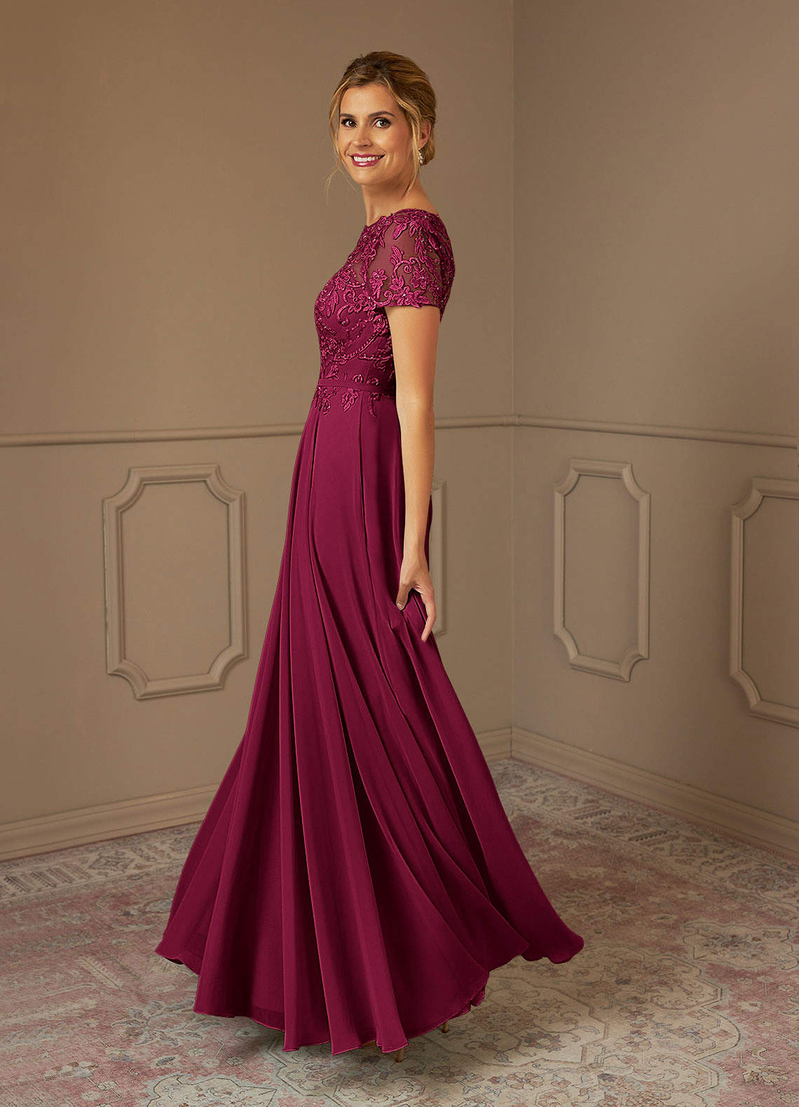 Adina A-Line Boat-Neck Chiffon Mother of the Bride Dress in Burgundy