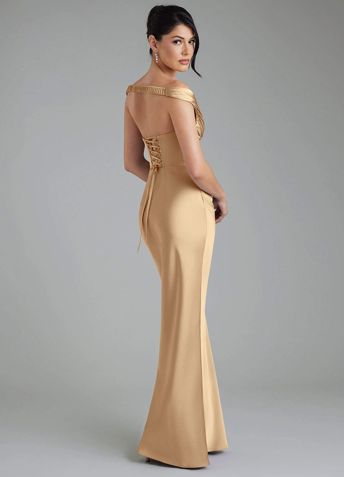 Stella Sheath V-Neck Stretch Satin Bridesmaid Dress in Champagne