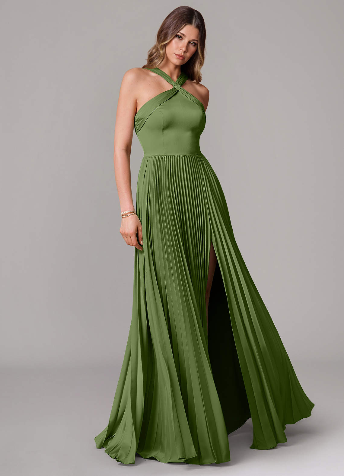 Afra A-Line Halter-Neck Stretch Satin Bridesmaid Dress in Juniper