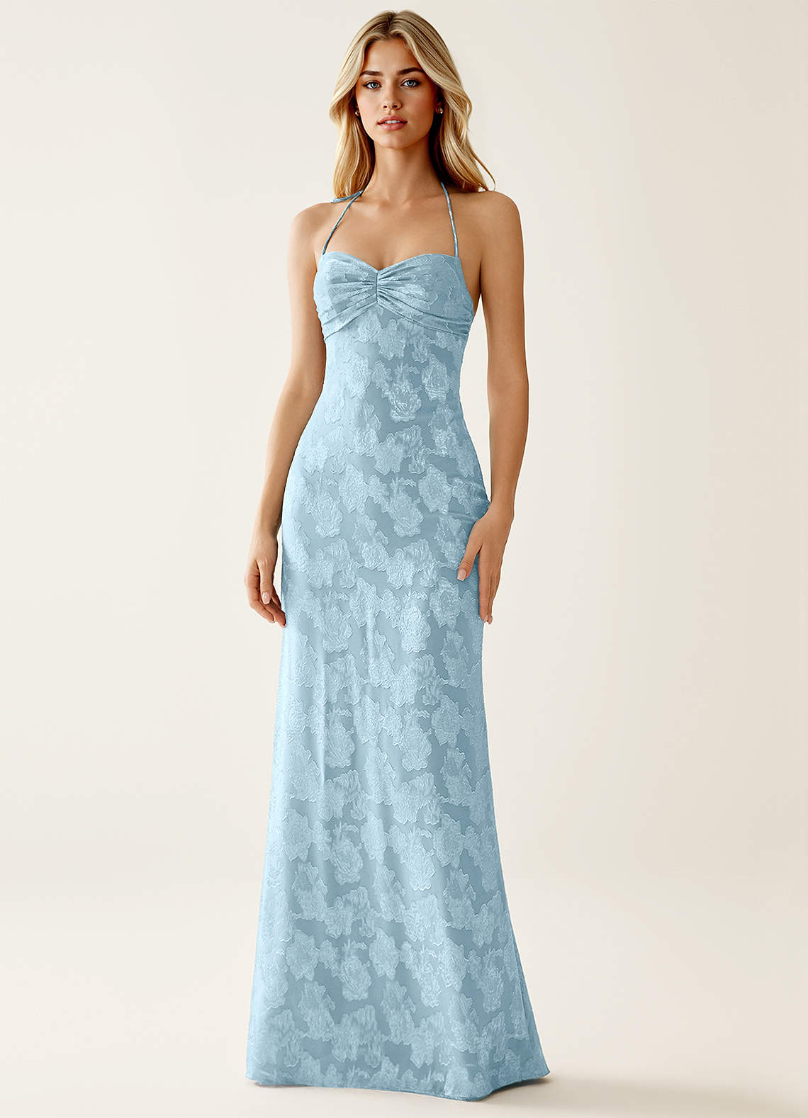 Angena Sheath Halter Floral Burnout Evening Dress in Powder Blue