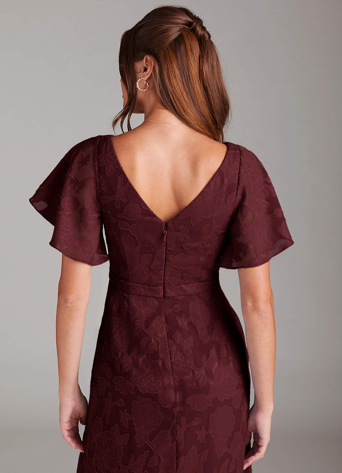 Ambrosia A-Line V-Neck Floral Burnout Bridesmaid Dress in Cabernet