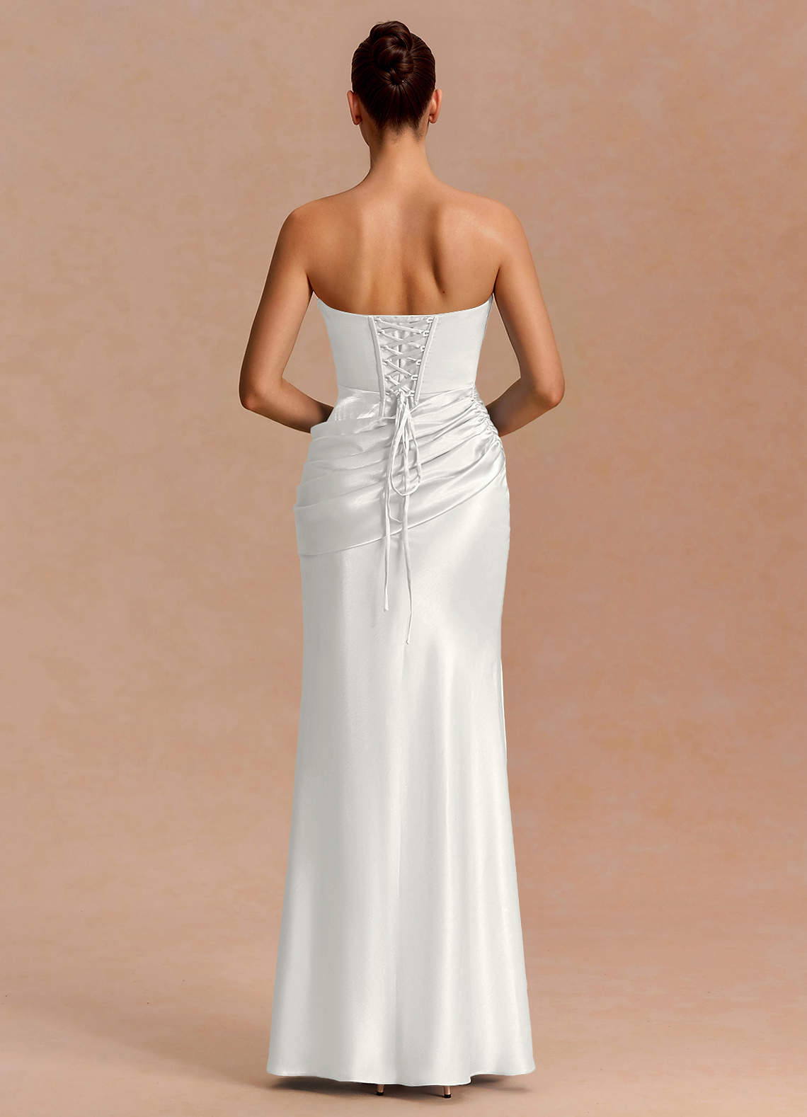 Leonie Strapless Draped-Shoulder Satin Evening Dress in White