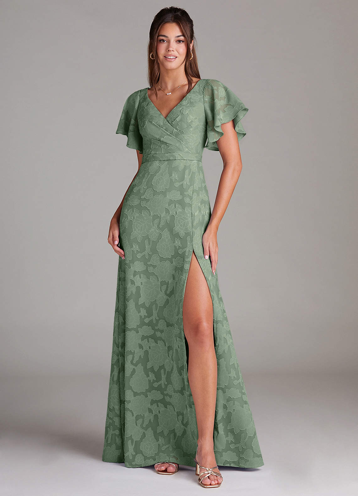 Ambrosia A-Line V-Neck Floral Burnout Bridesmaid Dress in Matcha
