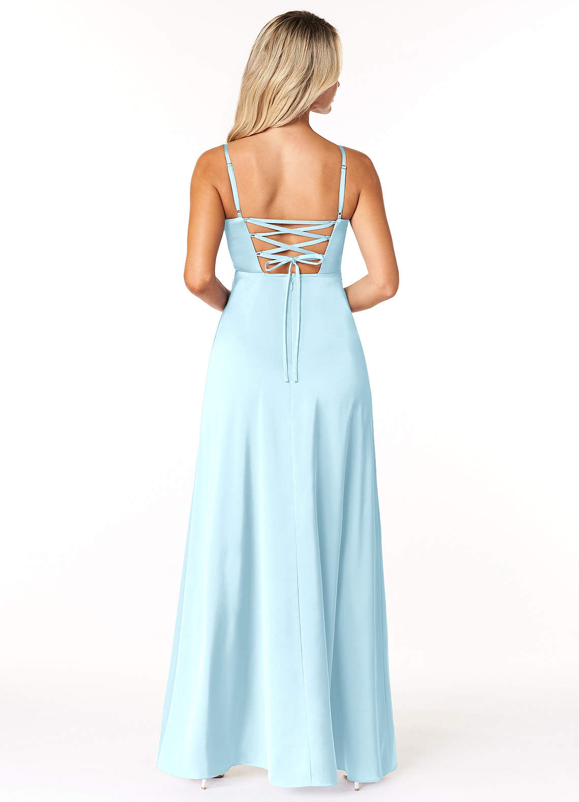 Marchella A-Line V-Neck Stretch Satin Bridesmaid Dress in Cloud Blue