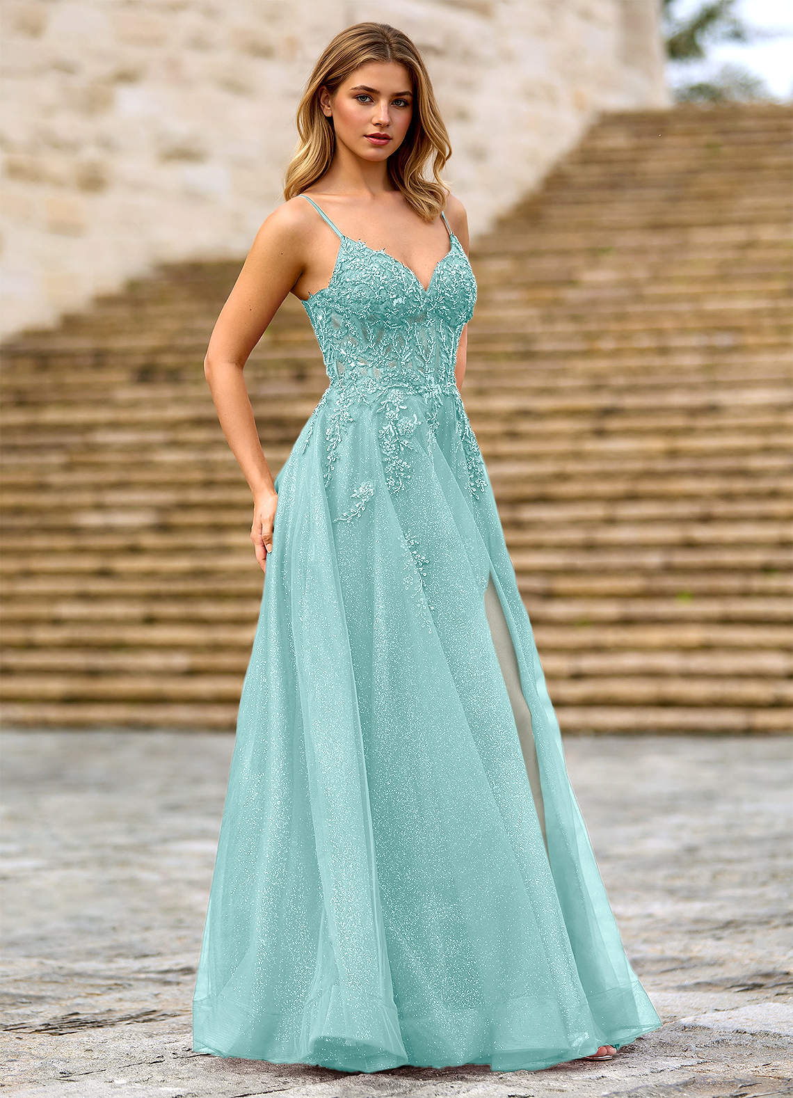 Milliener A-Line V-Neck Tulle Evening Dress in Light Green