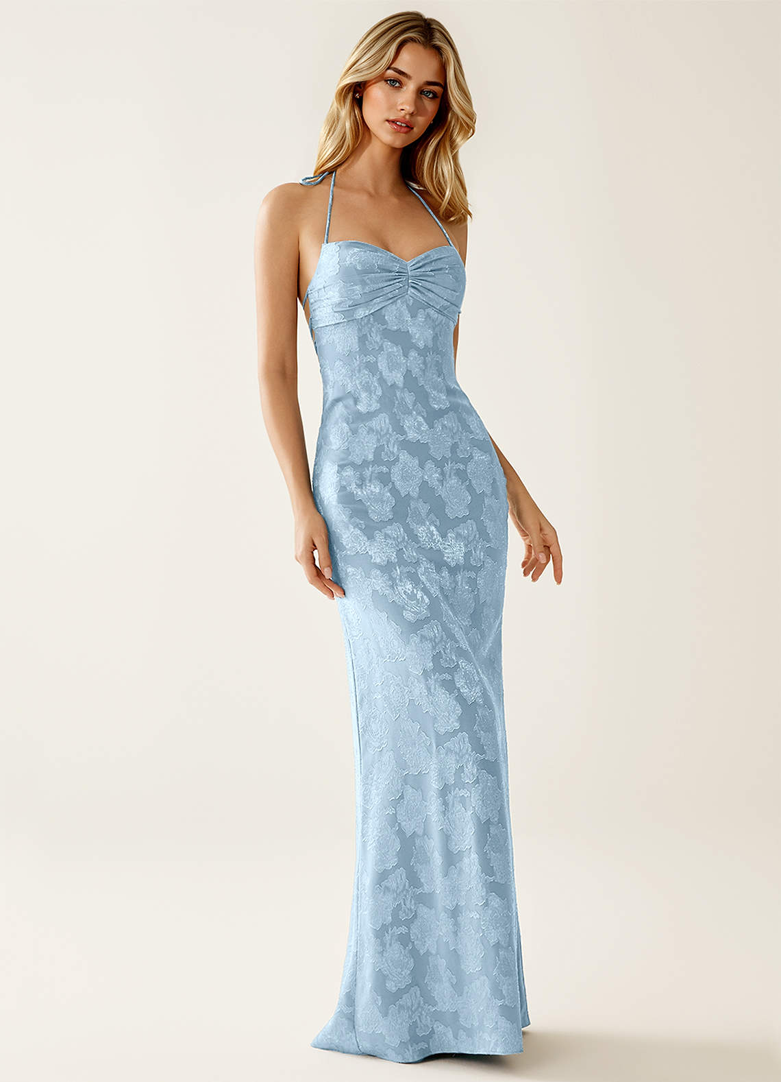 Angena Sheath Halter Floral Burnout Evening Dress in Lemon Sorbet