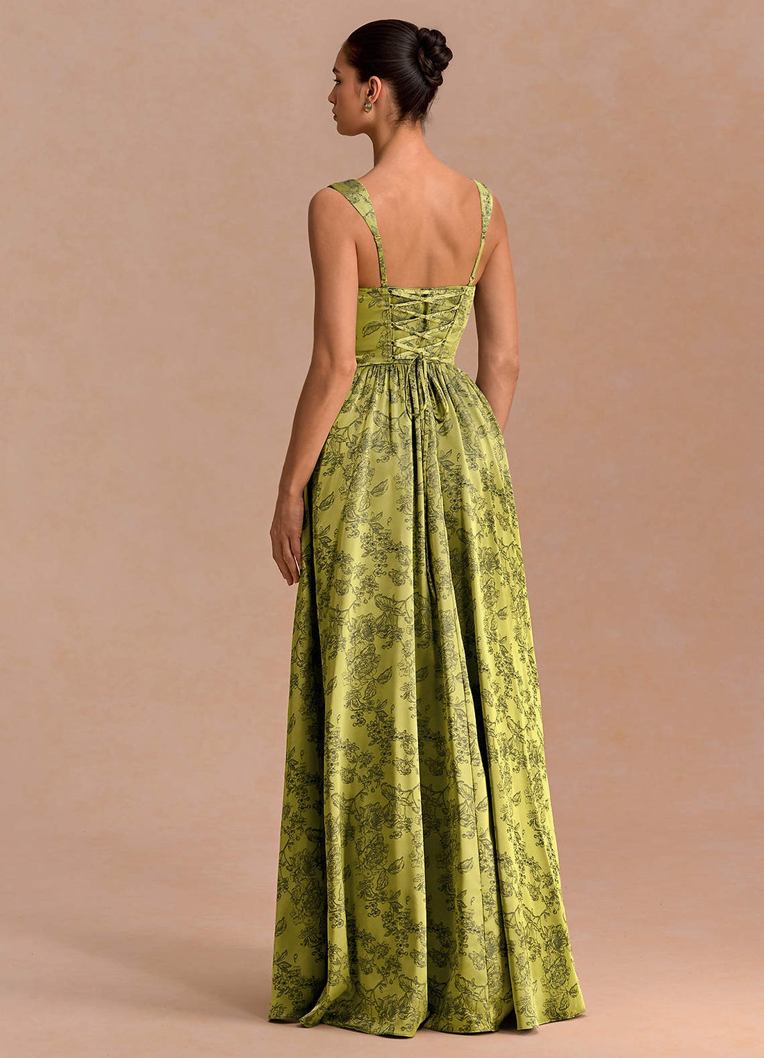 Midori A-Line Square-Neck Jacquard Evening Dress in Moss Navy