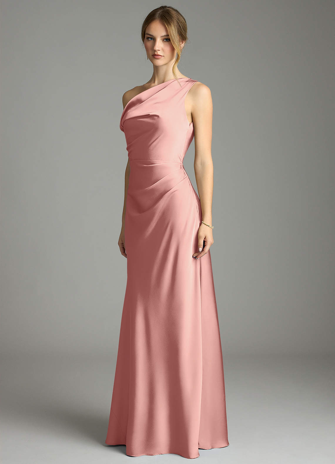 Emerson Mermaid One-Shoulder Stretch Satin Bridesmaid Dress in Rosette