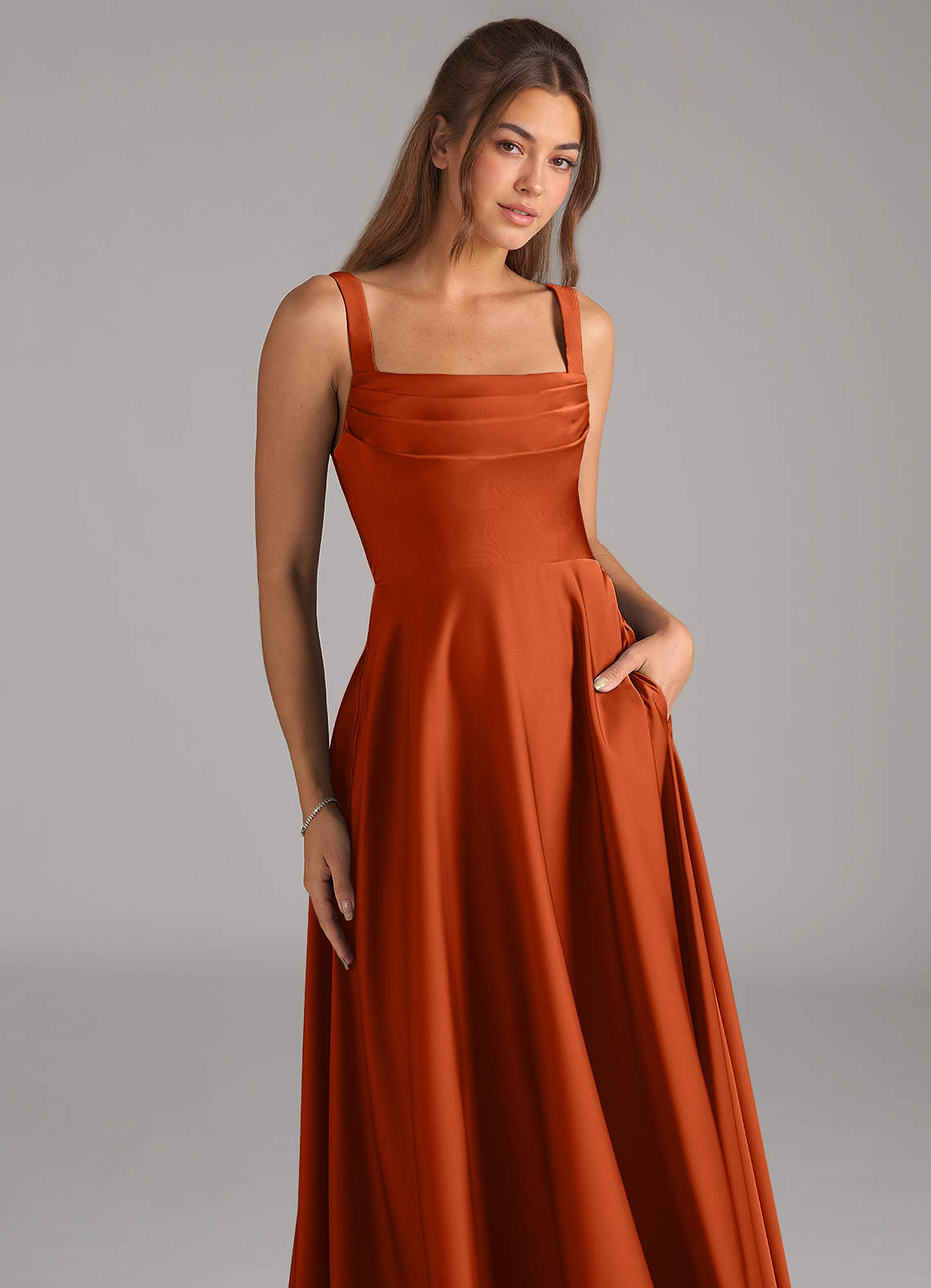 Shaude A-Line Square-Neck Stretch Satin Bridesmaid Dress in Burnt Orange