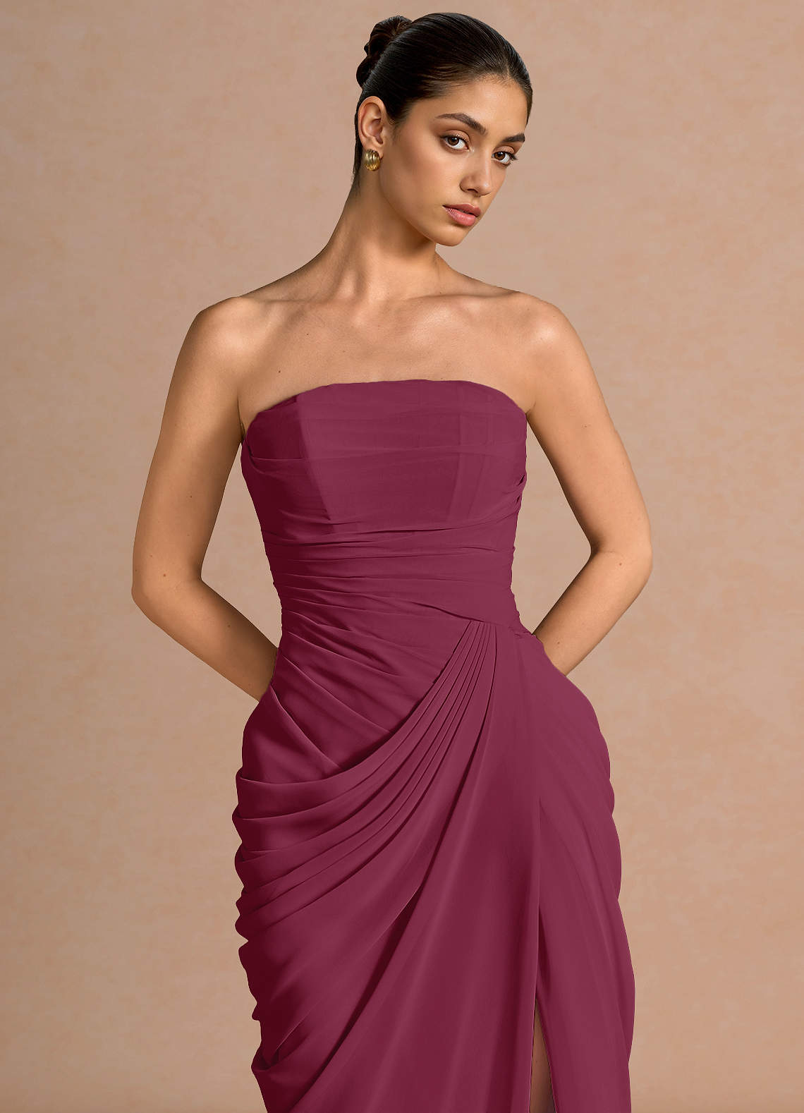 Kaavia Column Pleated Chiffon Maxi Evening Dress in Mulberry