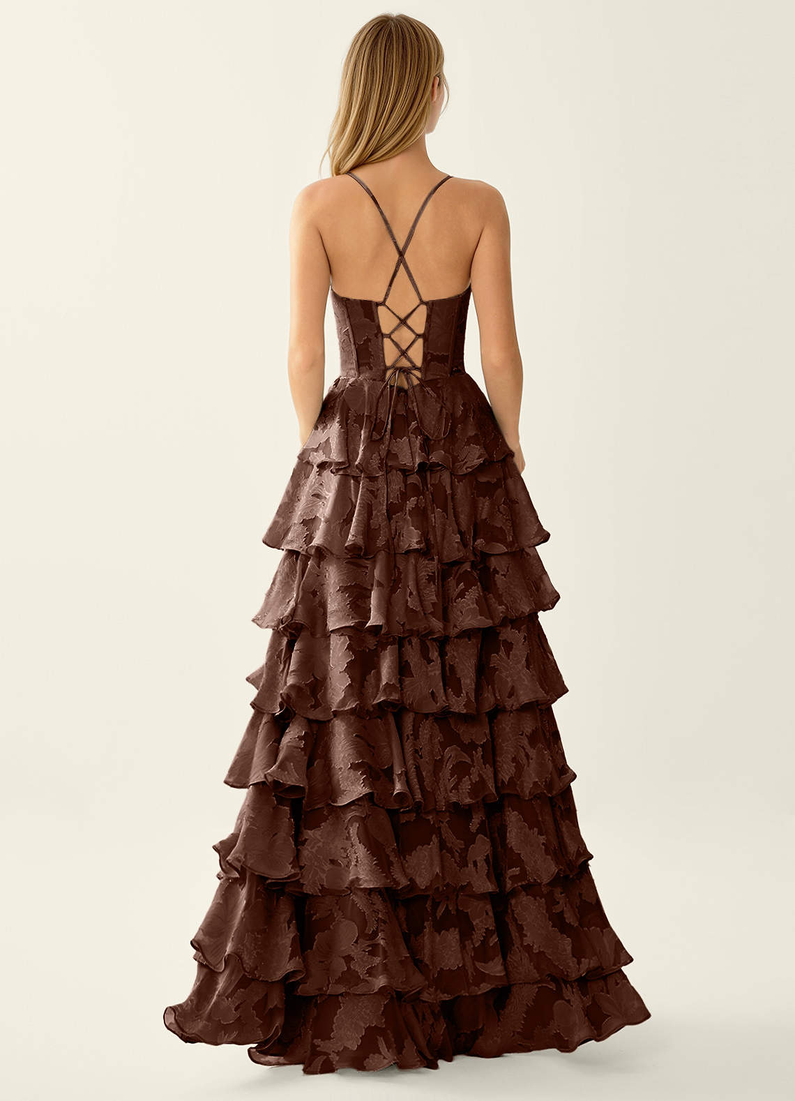 Wrenana A-Line Cowl-Neck Floral Burnout Evening Dress in Mocha Coco