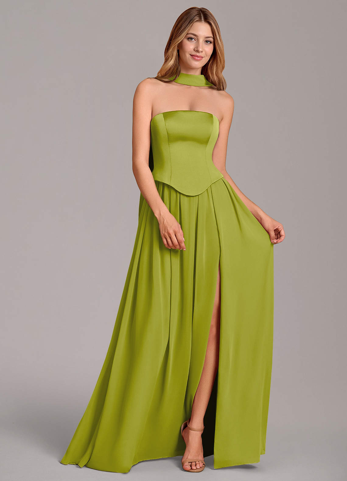 Cadence A-Line Strapless Chiffon and Stretch Satin Bridesmaid Dress in Lemongrass