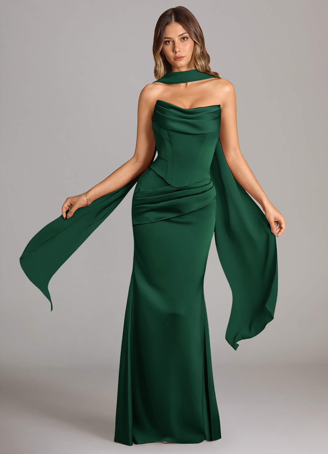 Sorrel Mermaid Cowl-Neck Stretch Satin and Chiffon Bridesmaid Dress in Dark Green