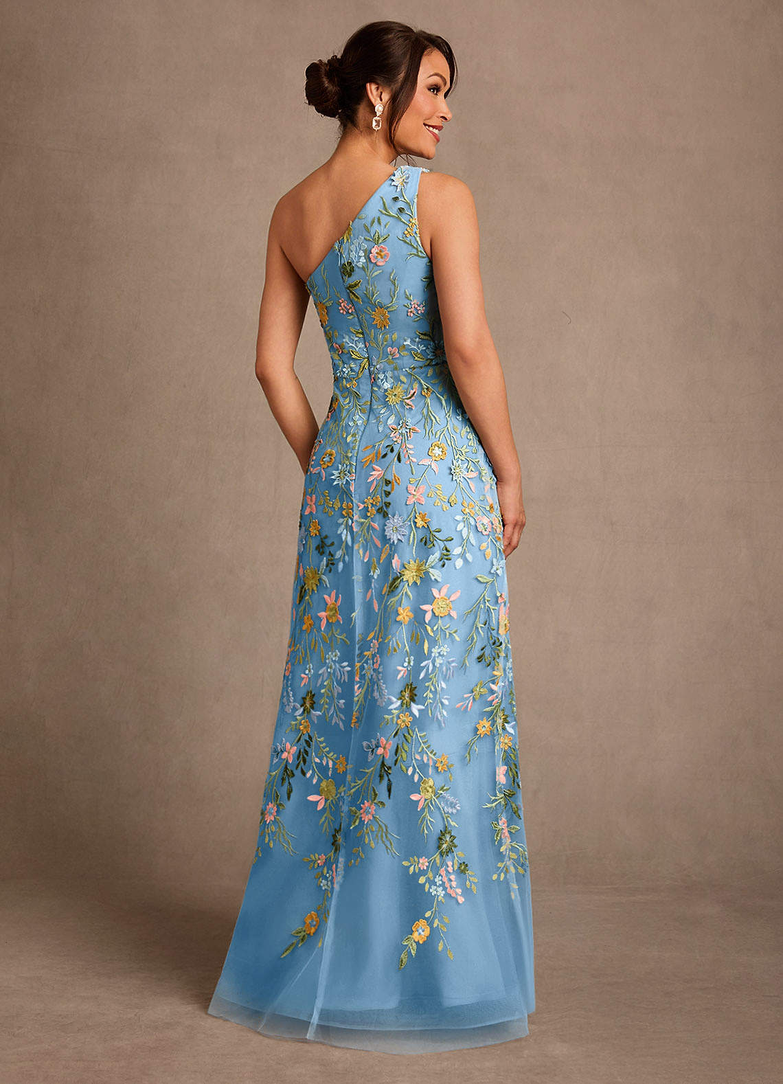 Bertie A-Line One-Shoulder Lace Mother of the Bride Dress in Steel Blue