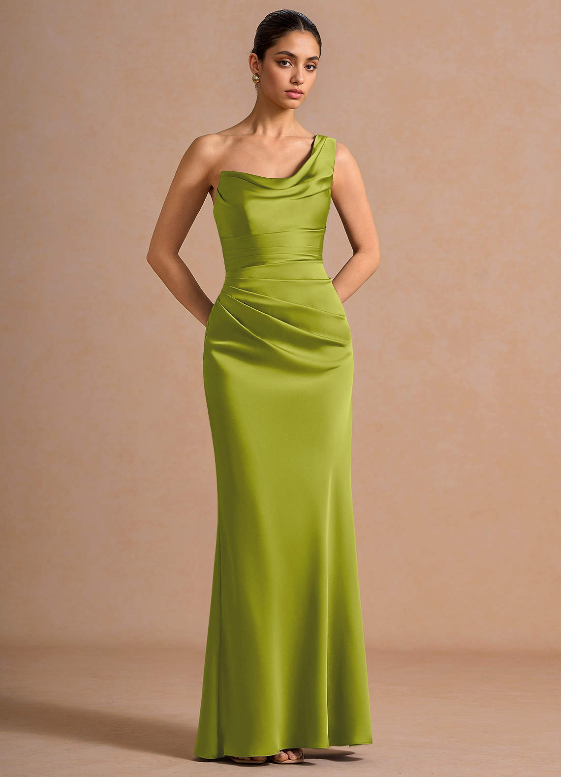 Cassiopeia One-Shoulder Draped Stretch Satin Evening Dress in Lemon Green