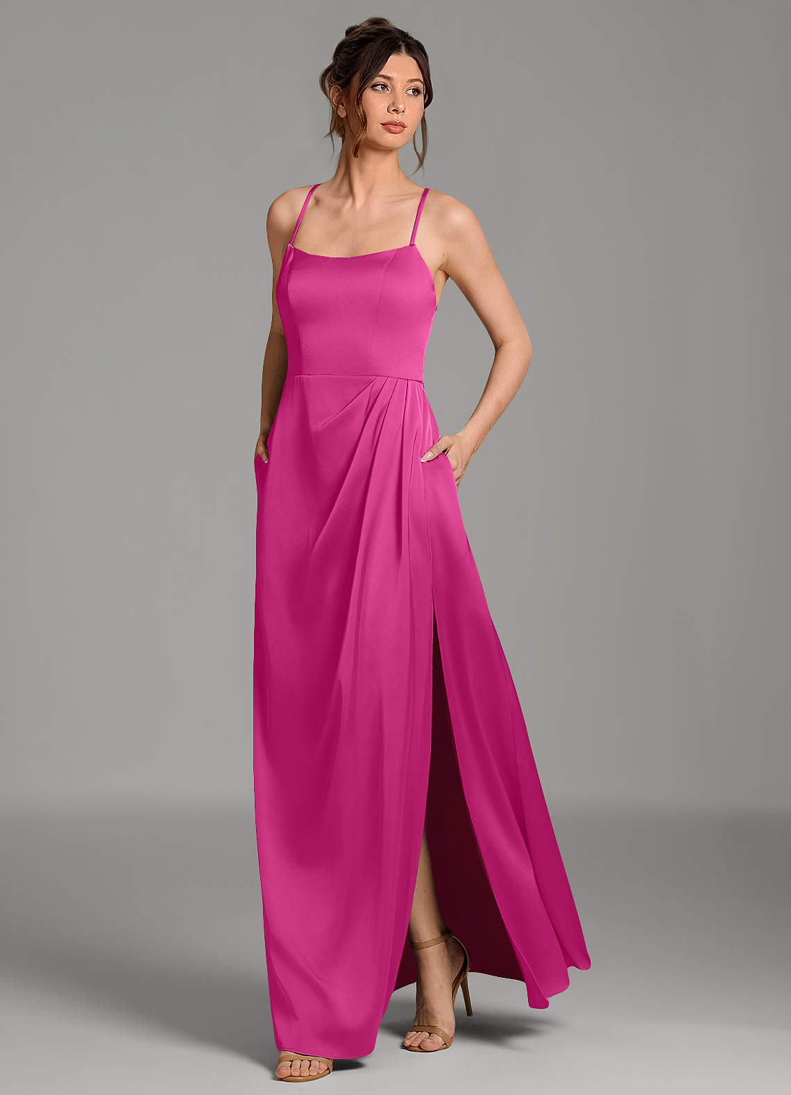 Frankie A-Line Scoop-Neck Stretch Satin Bridesmaid Dress in Fuchsia