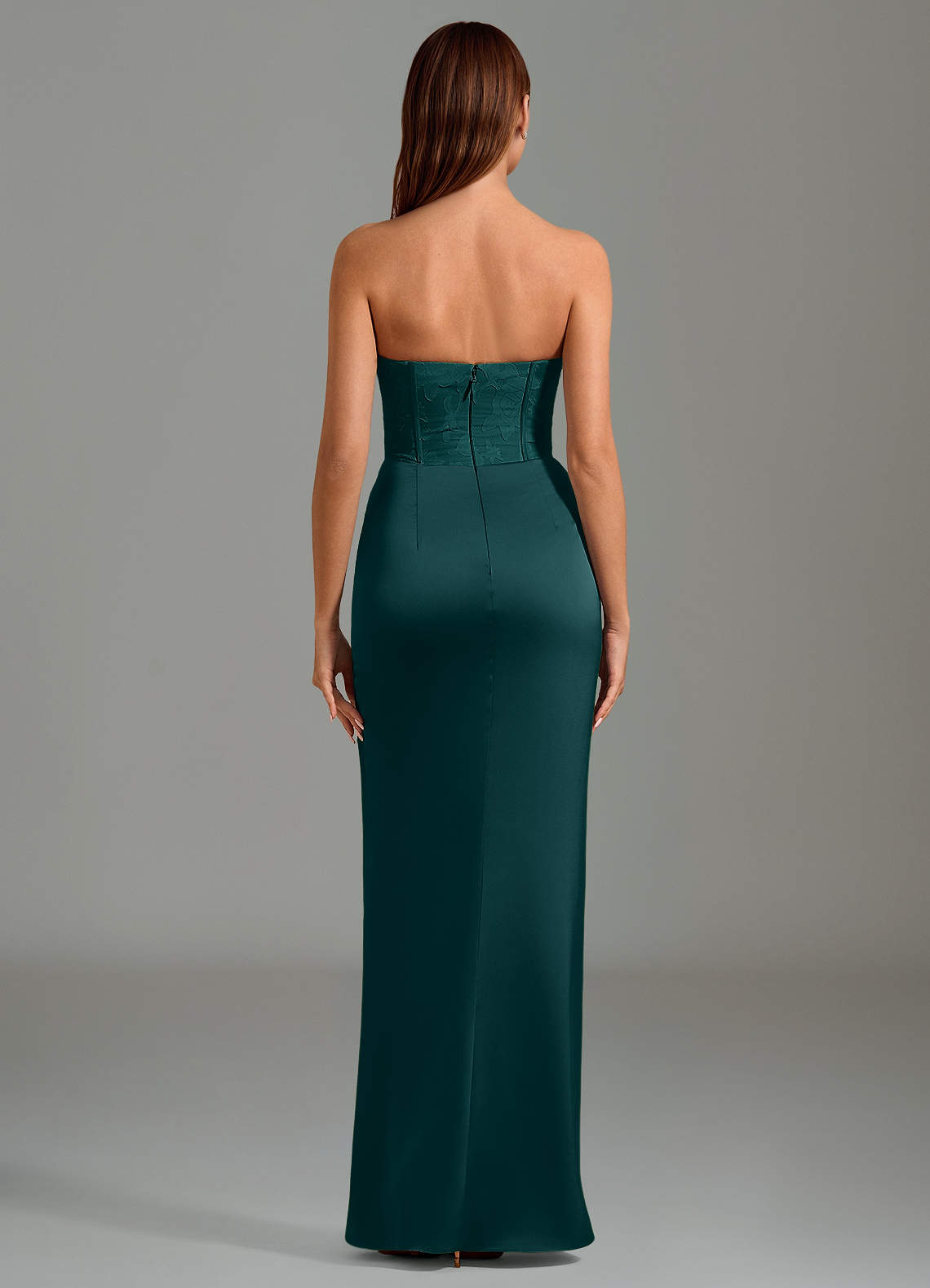 Emilia Mermaid Strapless Stretch Satin and Floral Burnout Bridesmaid Dress in Pine