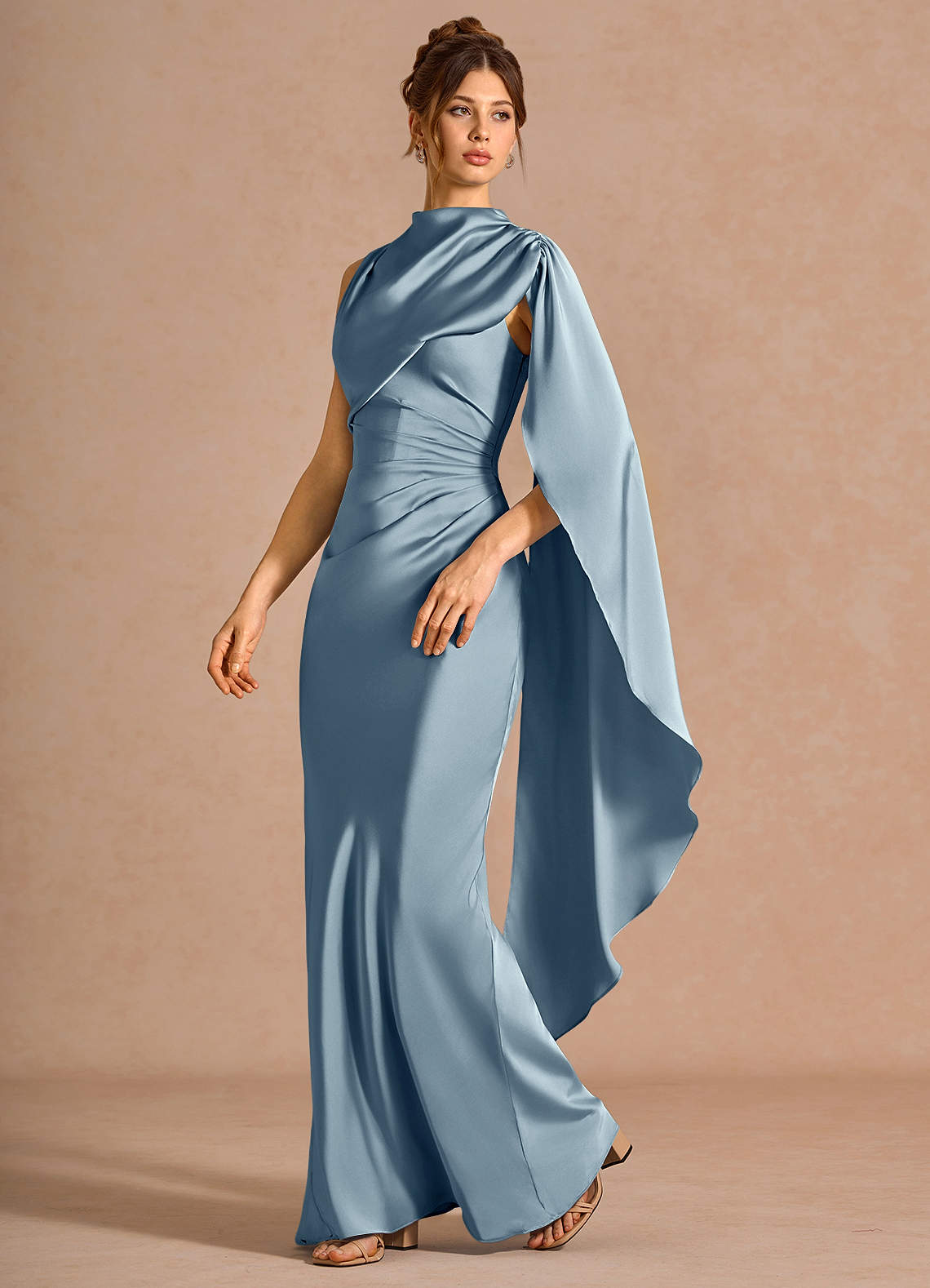 Chesney Cape-Sleeve Pleated Stretch Satin Wedding Guest Dress in Dusty Blue
