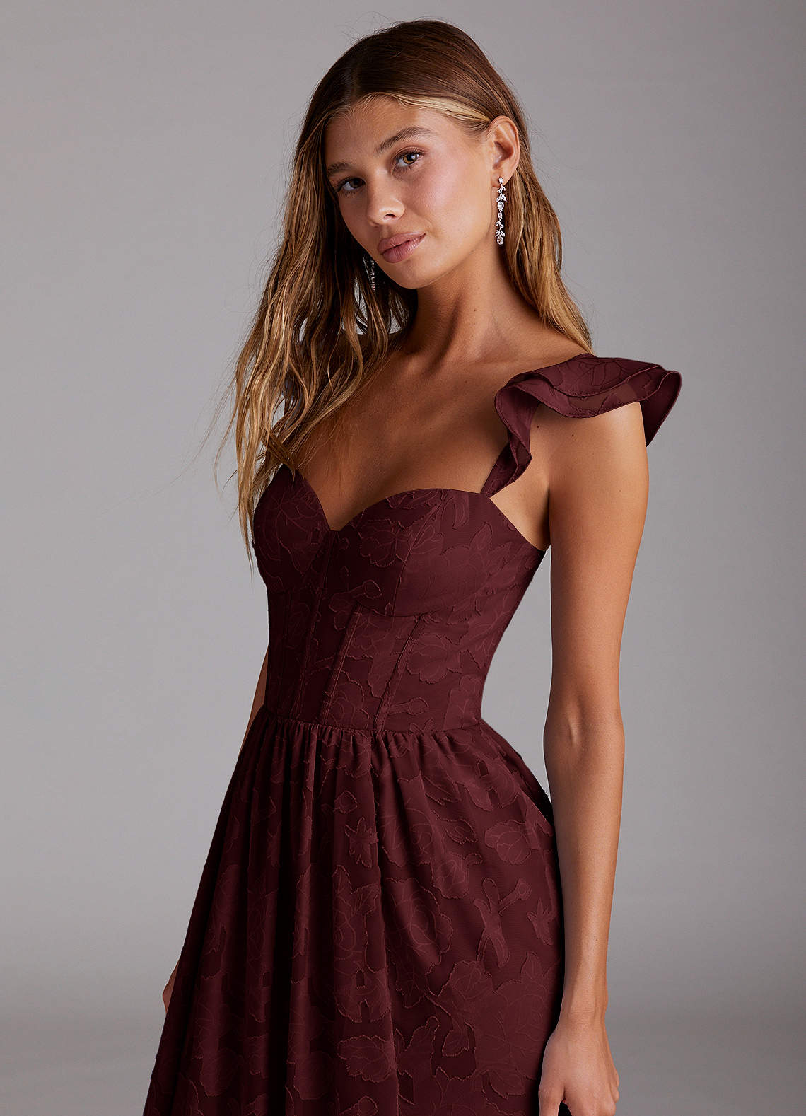Denisse A-Line Sweetheart Floral Burnout Wedding Guest Dress in Wine