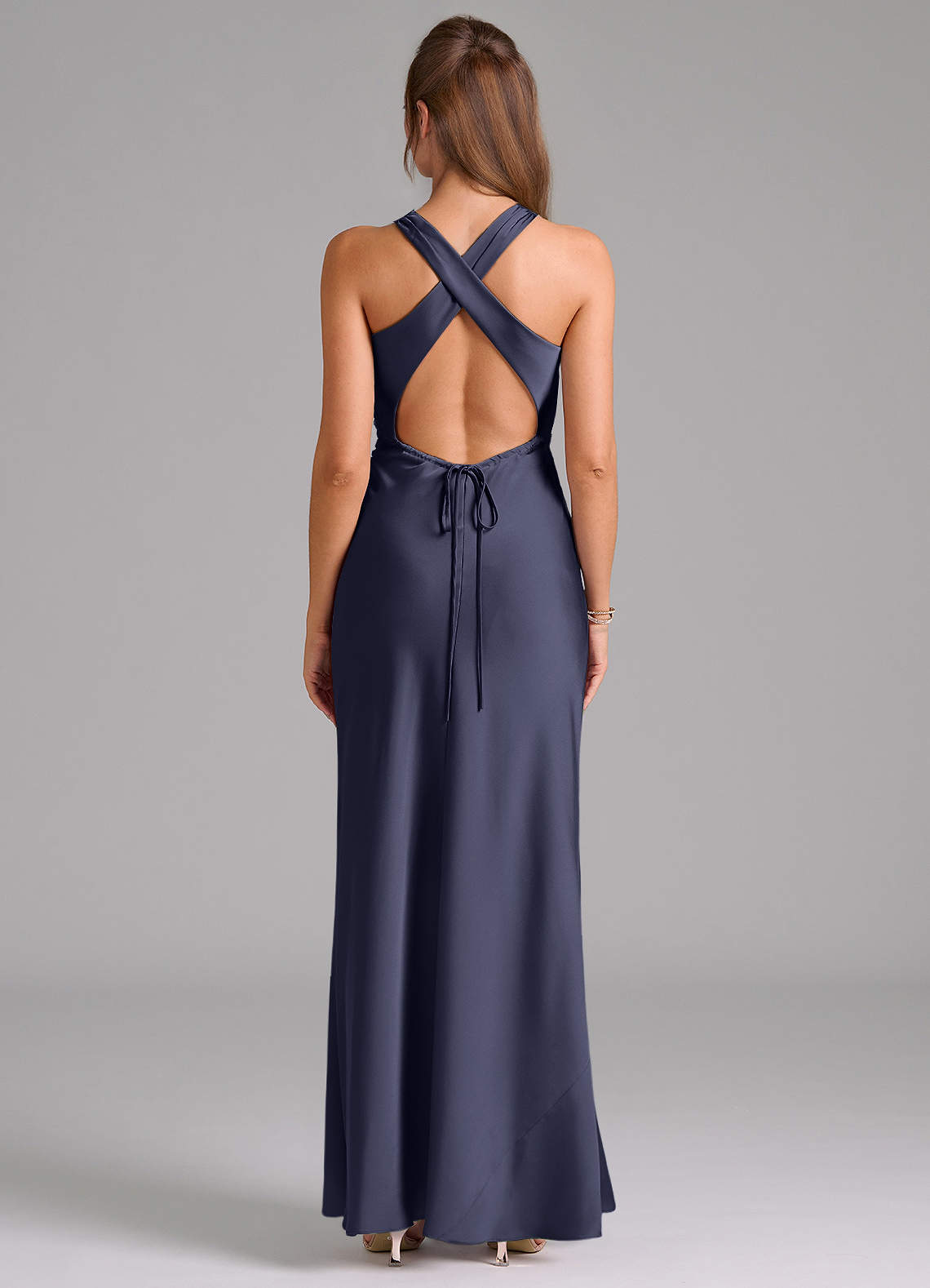 Evadne Sheath Scoop-Neck Stretch Satin Bridesmaid Dress in Stormy