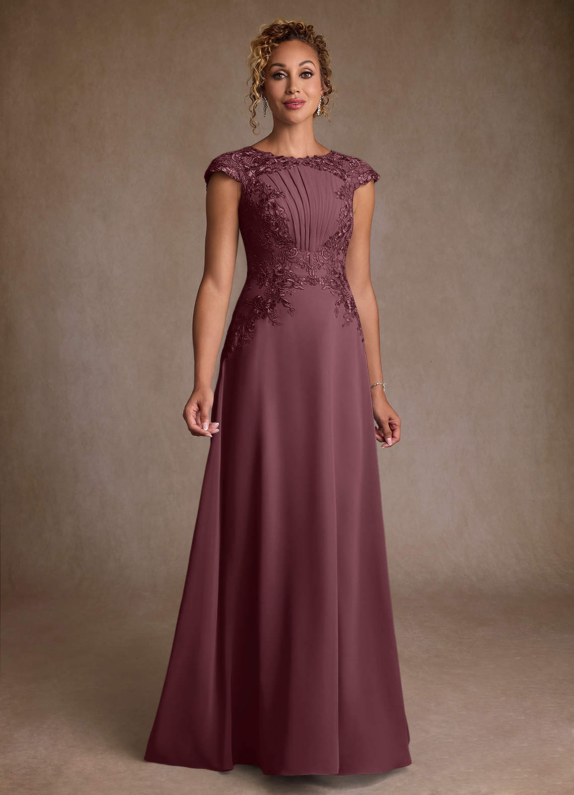 Christi A-Line Scoop-Neck Chiffon and Lace Mother of the Bride Dress in Sangria