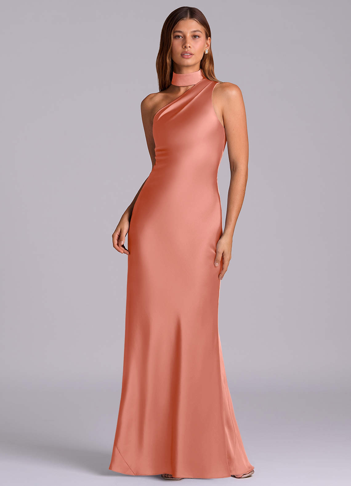 Seona Mermaid One-Shoulder Stretch Satin and Tulle Bridesmaid Dress in Salmon Pink