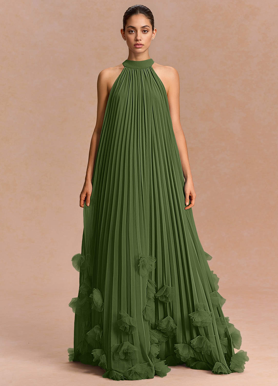 Lucette A-Line Halter Chiffon Evening Dress in Olive