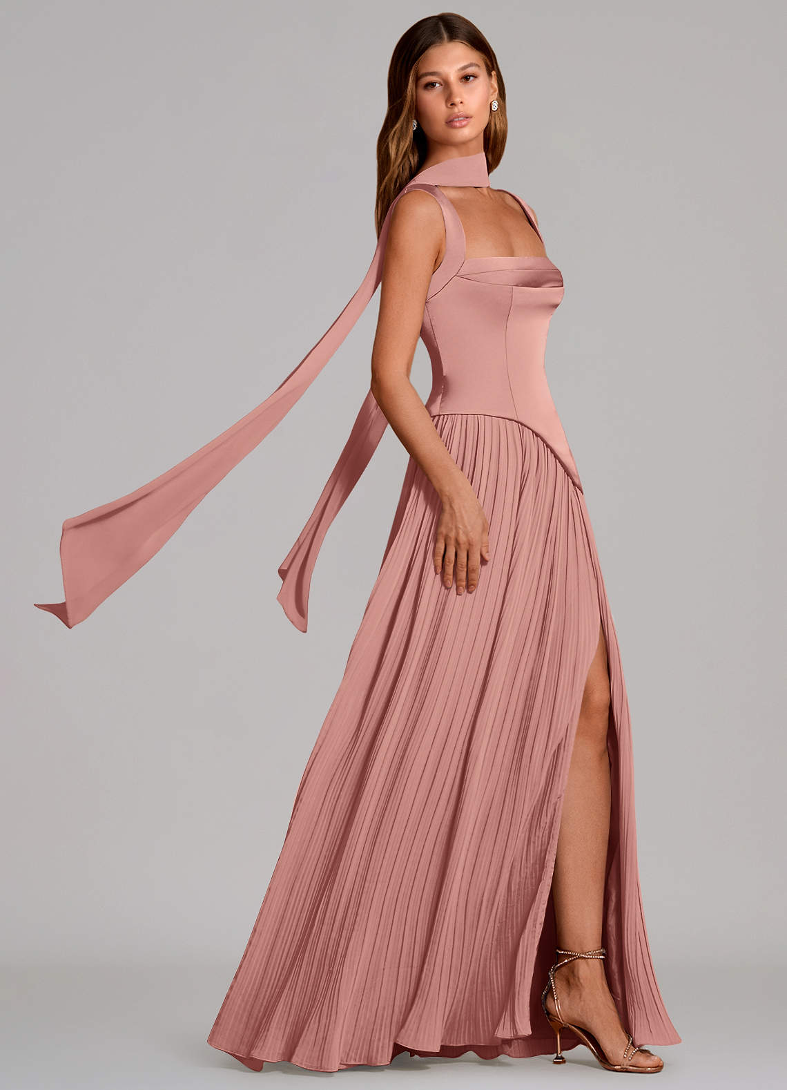 Stephanie A-Line Square-Neck Stretch Satin and Chiffon Bridesmaid Dress in Rosette