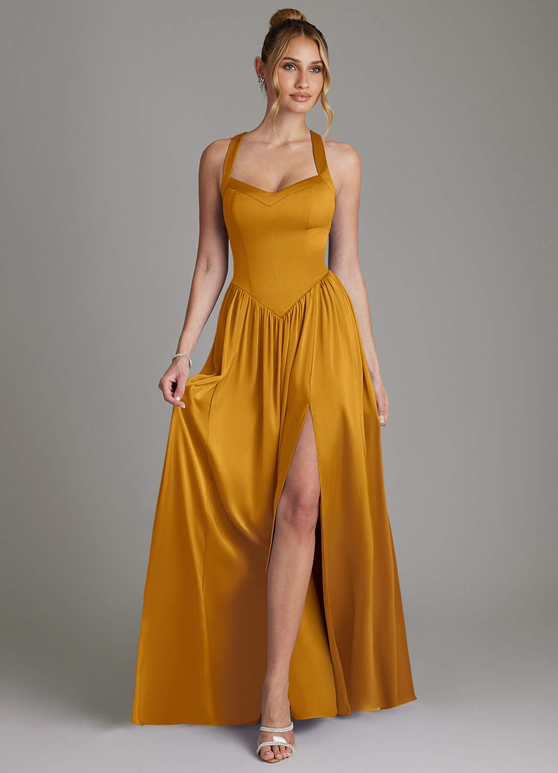 Francis A-Line V-Neck Stretch Satin Bridesmaid Dress in butterscotch