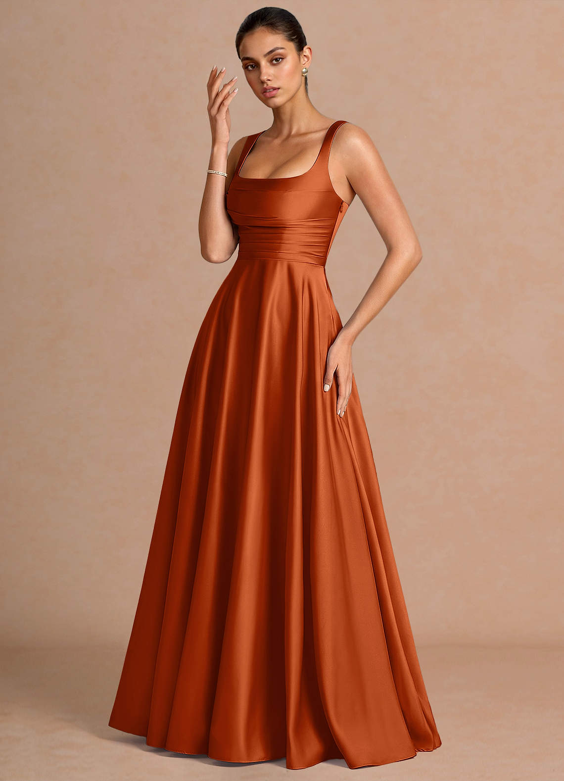 Azaria A-Line Square-Neck Stretch Satin Wedding Guest Dress in Rust