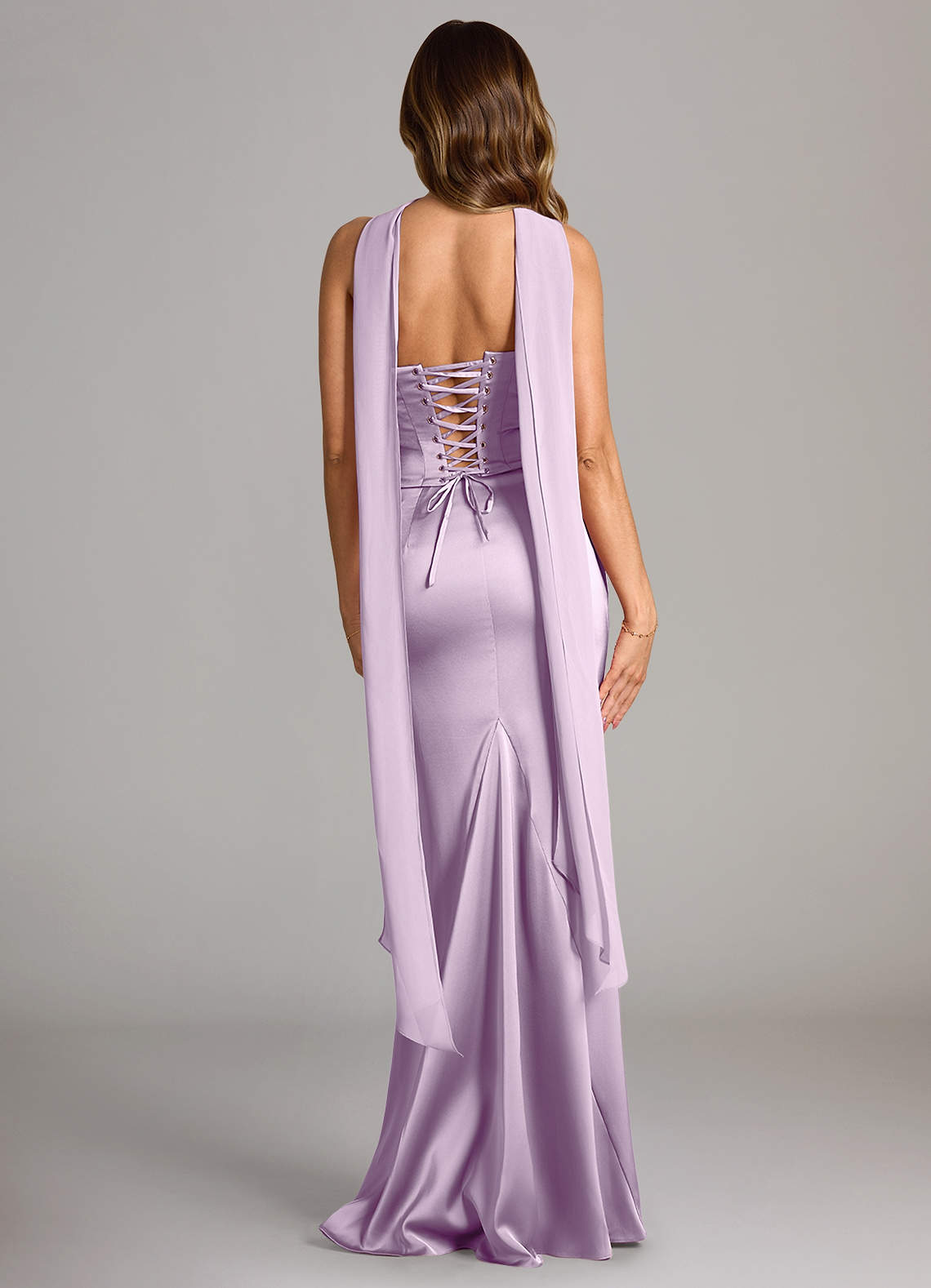 Sorrel Mermaid Cowl-Neck Stretch Satin and Chiffon Bridesmaid Dress in Frosted Lilac