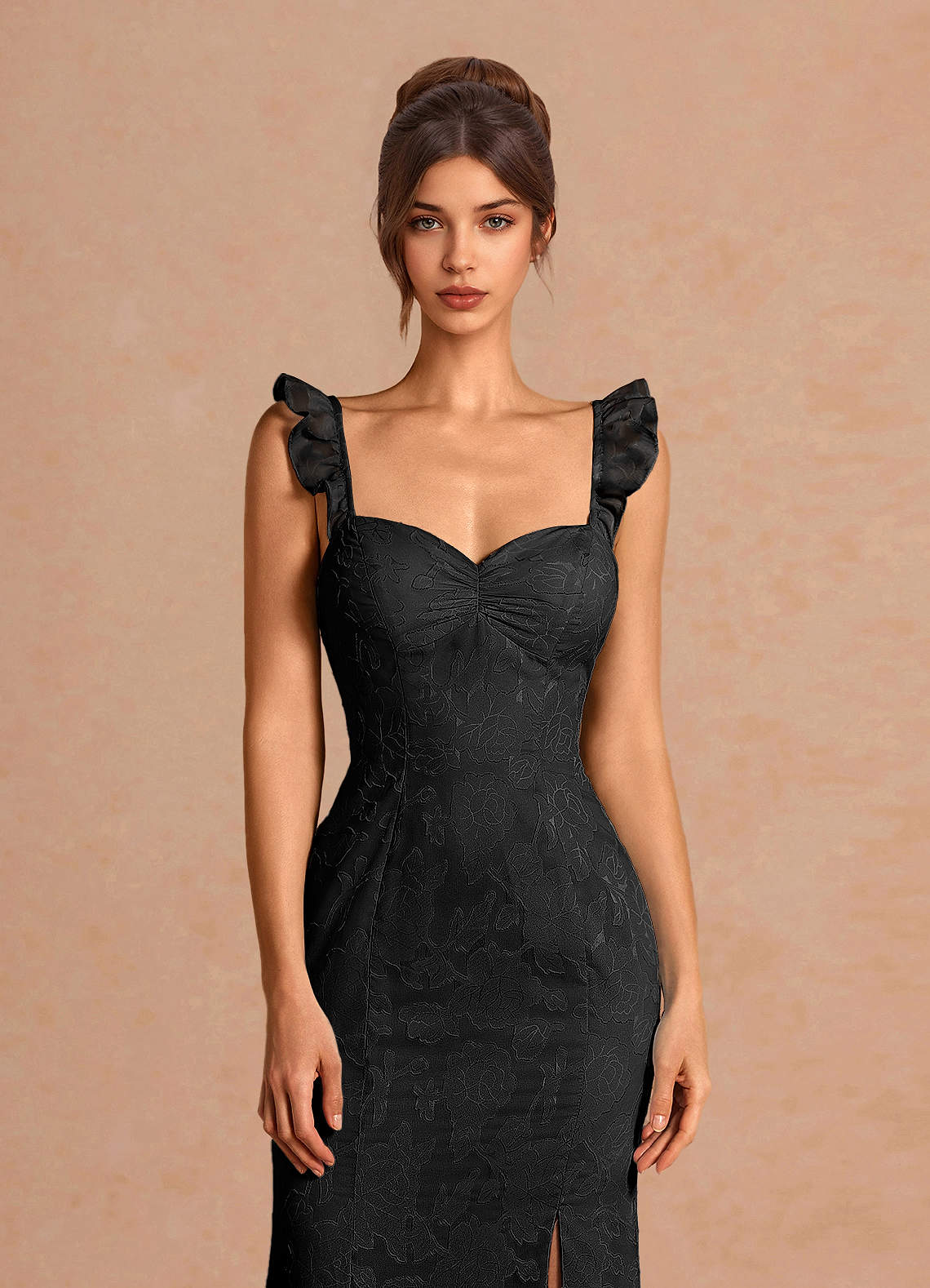 Romilly Mermaid Ruffled Chiffon Burnout Evening Dress in black