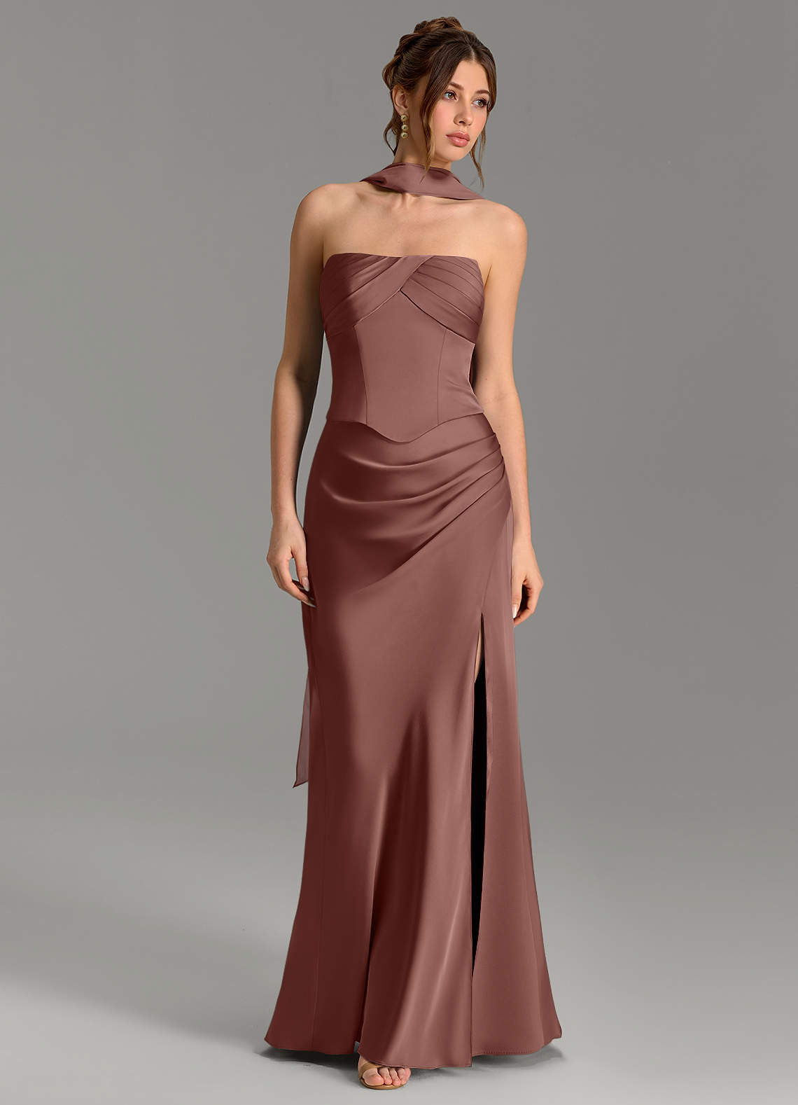 Nicki Sheath Scoop-Neck Stretch Satin Bridesmaid Dress in Espresso