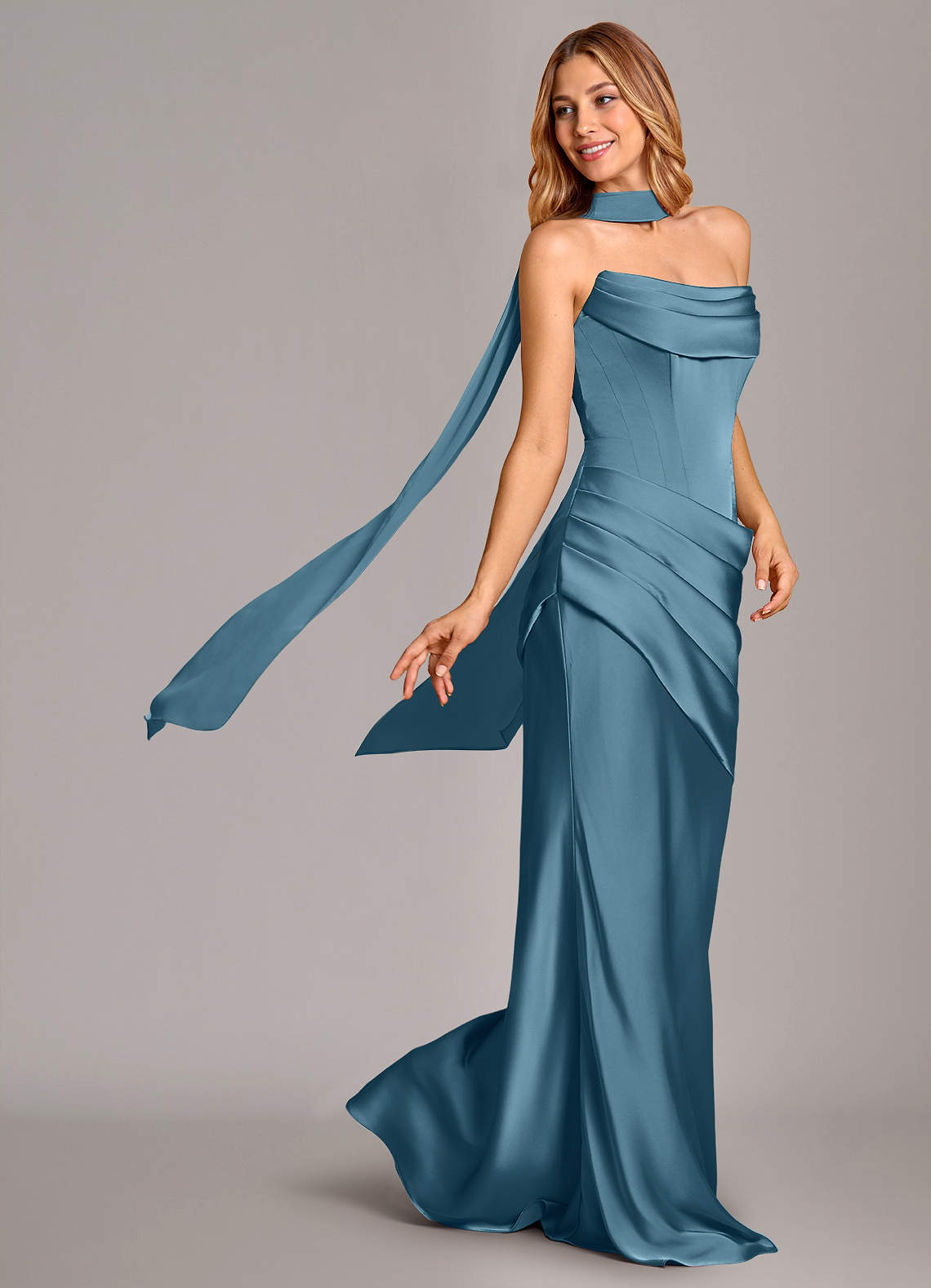 Pelagia Mermaid Cowl-Neck Stretch Satin Bridesmaid Dress in Bermuda