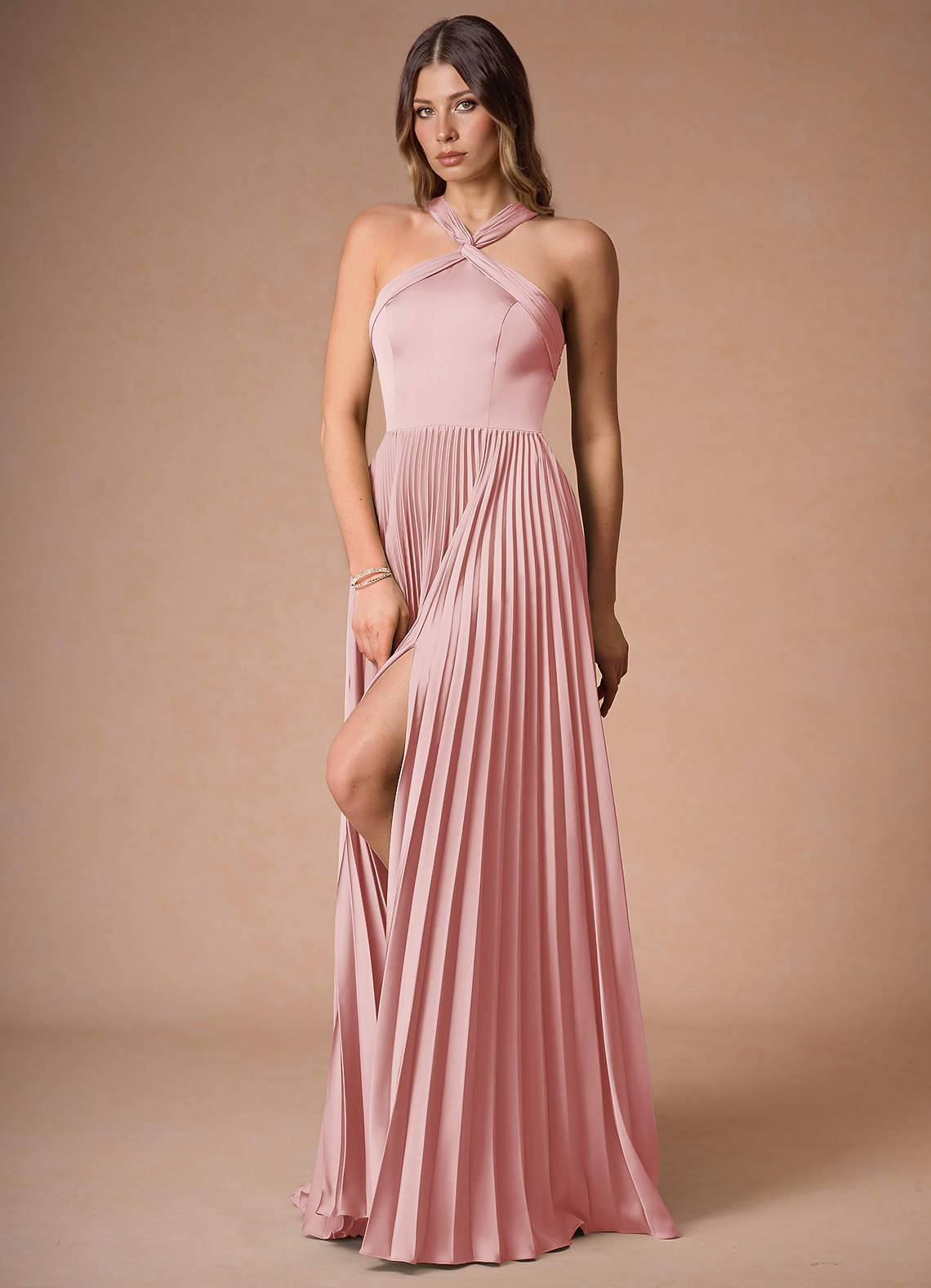 Afra A-Line Pleated Stretch Satin Wedding Guest Dress in Haze Pink