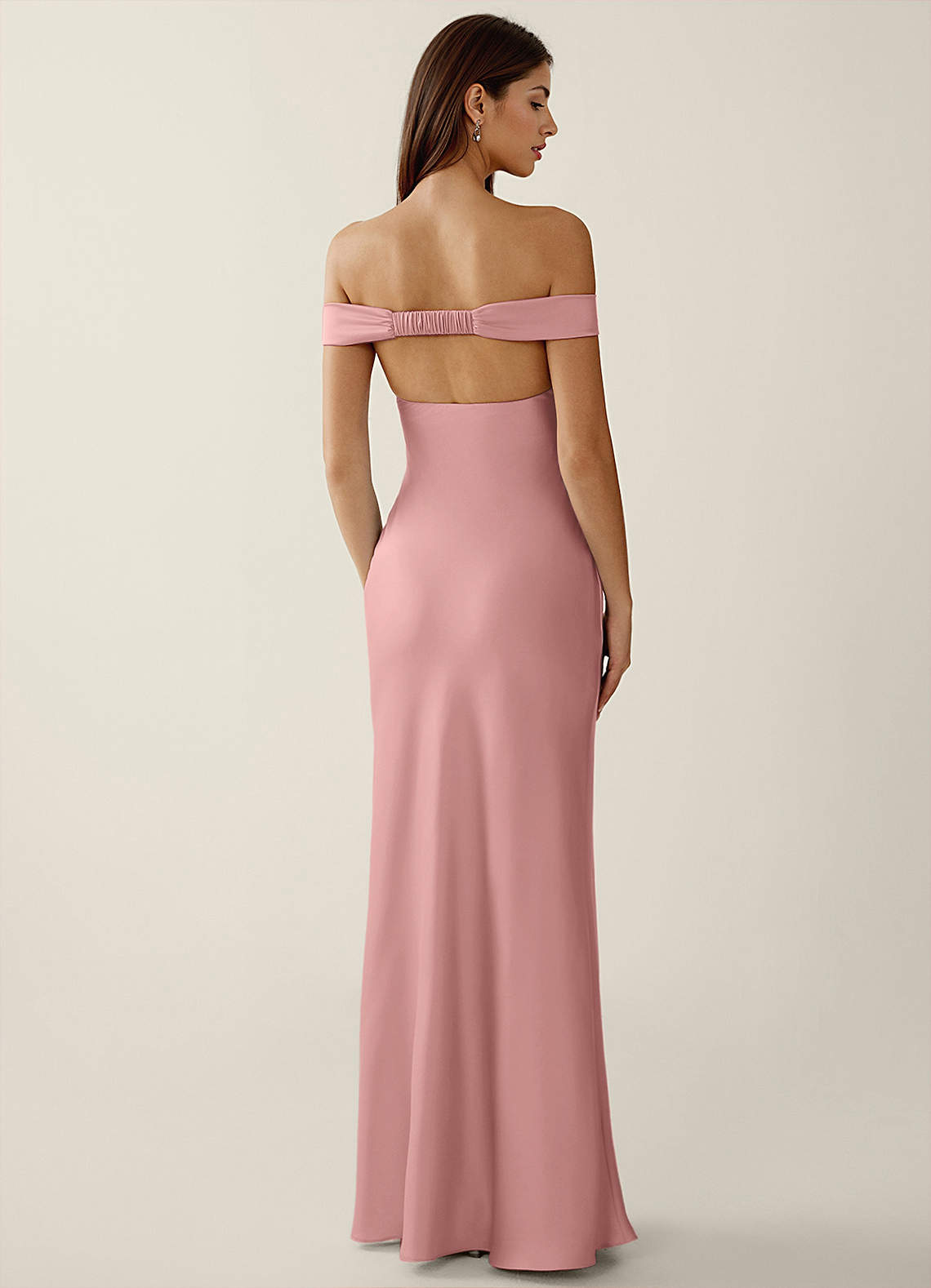 Gwendonme Sheath Off-the-Shoulder Satin Crystal Linen Evening Dress in Powder Pink