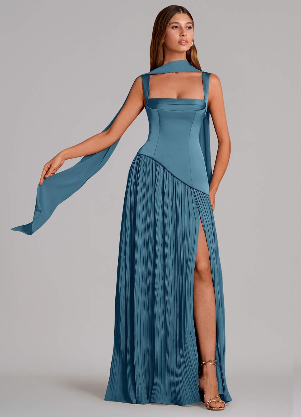 Stephanie A-Line Square-Neck Stretch Satin and Chiffon Bridesmaid Dress in Bermuda
