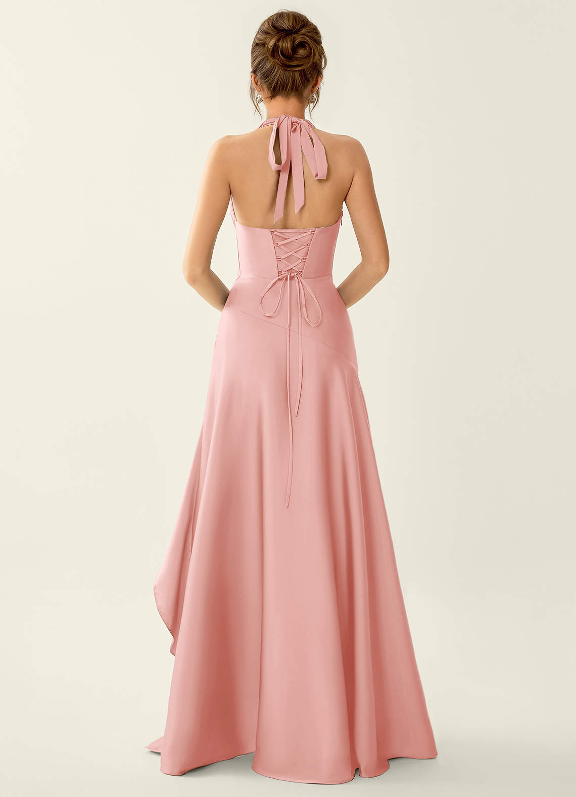 Titania Halter Asymmetric-Ruffle Satin Evening Dress in Haze Pink