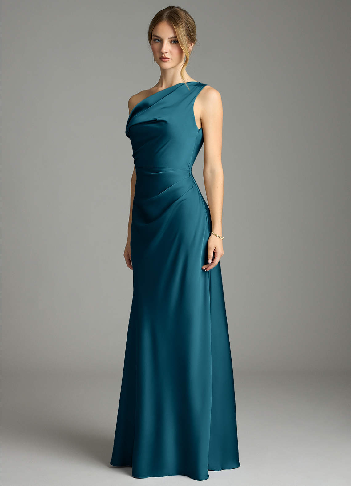 Emerson Mermaid One-Shoulder Stretch Satin Bridesmaid Dress in Ink Blue