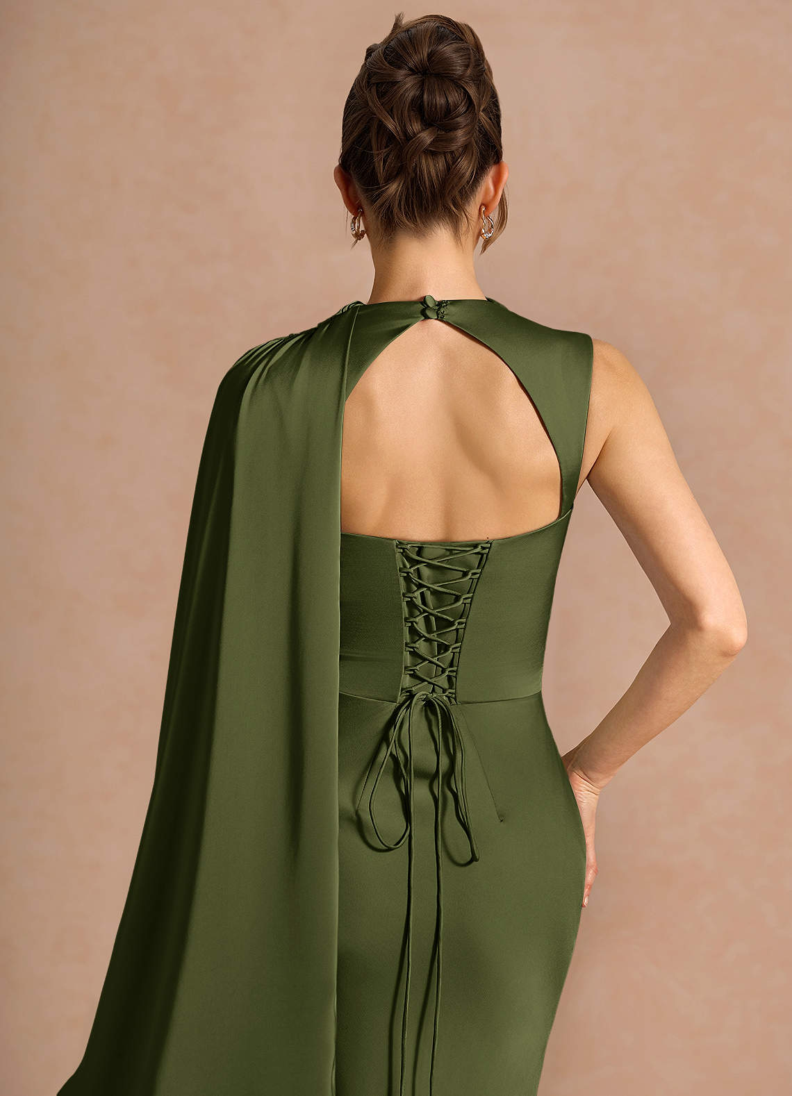 Chesney Cape-Sleeve Pleated Stretch Satin Wedding Guest Dress in Olive