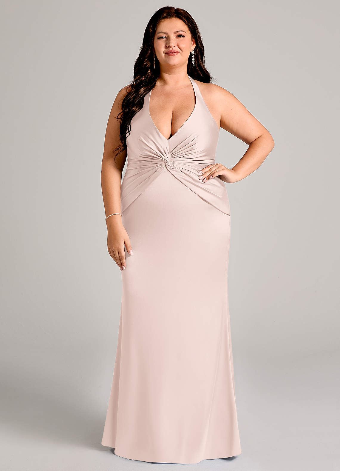 Valerie Mermaid V-Neck Stretch Satin Bridesmaid Dress in Blushing Pink
